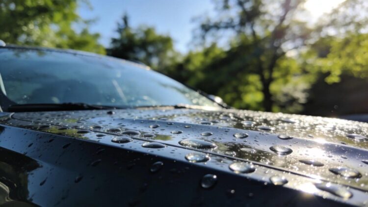 Close-up of hydrophobic water beads on a ceramic-coated vehicle showcasing durability