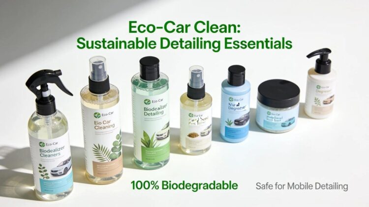 Eco-friendly detailing products including biodegradable cleaners and natural degreasers