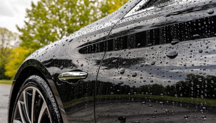 Close-up of luxury car exterior showcasing hydrophobic properties of ceramic coating for enhanced durability