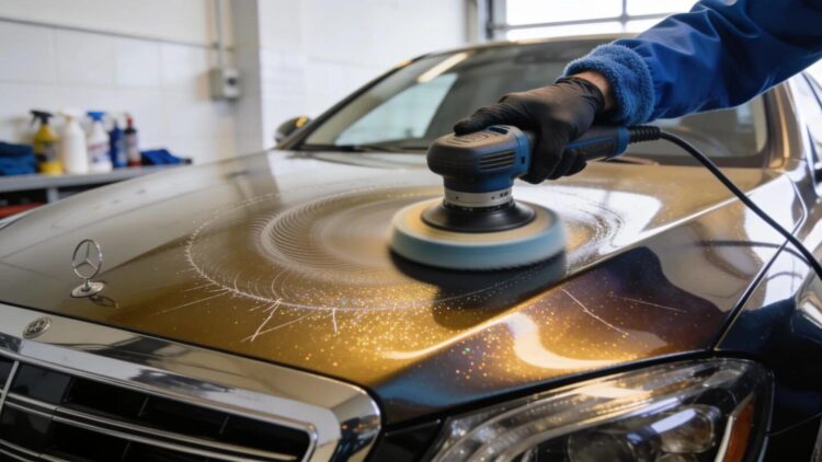 Technician performing paint correction on luxury vehicle to ensure flawless surface for ceramic coating application