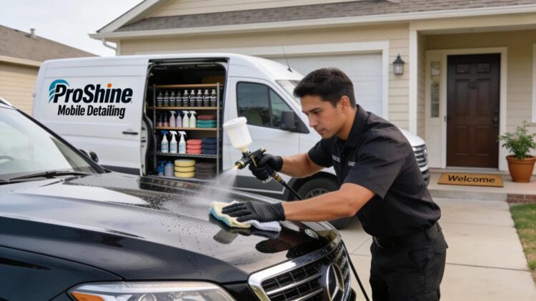 Mobile ceramic coating service in action, showcasing convenience for luxury vehicle owners