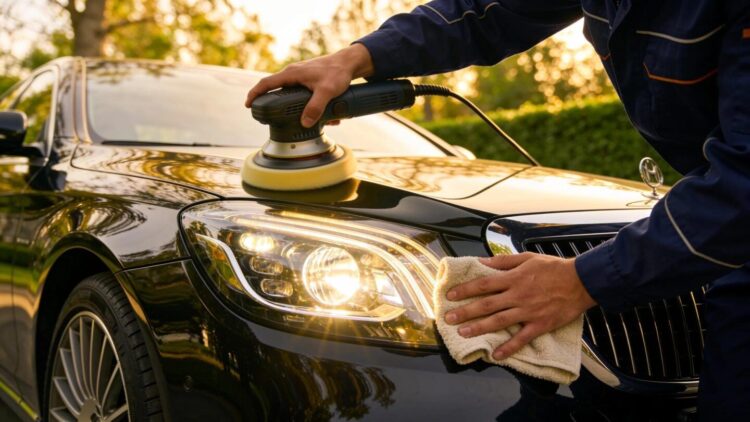 Luxury vehicle headlight polishing service showcasing a technician enhancing headlight clarity