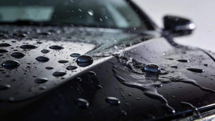 Close-up of a luxury car surface with water beading off ceramic coating, illustrating durability and protection benefits