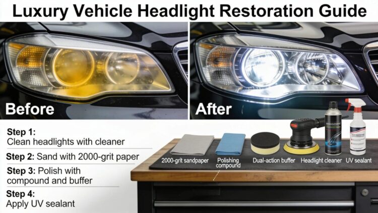 Step-by-step headlight restoration process with tools and before-after comparison for luxury vehicles