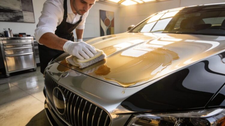 Luxury vehicle undergoing ceramic coating application, highlighting its shine and protection